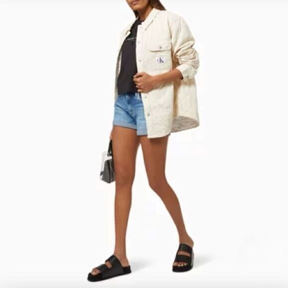 Calvin Klein Womens Off White Padded Denim Collared Shirt Jacket - Picture 1 of 11